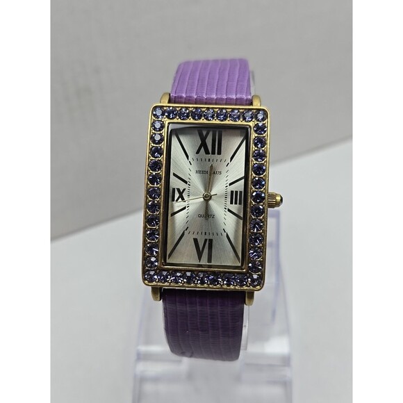 Heidi Daus Purple Crystal Rectangular Watch Quartz New Battery Leather Strap - Picture 4 of 13